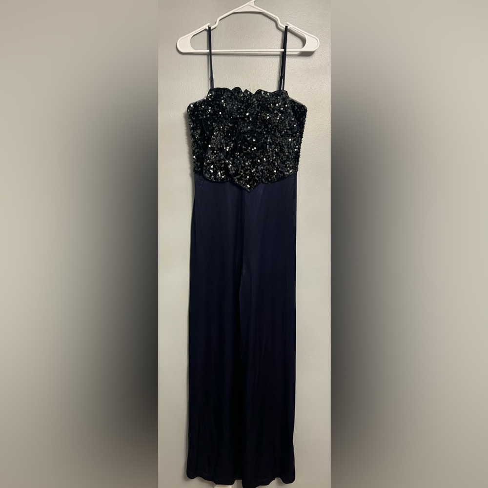 Badgley Mischka navy Blue Wide Leg Sequin Jumpsuit EUC Sz 6 - Picture 4 of 5